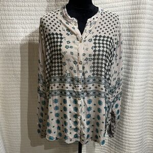 Johnny Was Cream and Teal Patterned Button Down Shirt